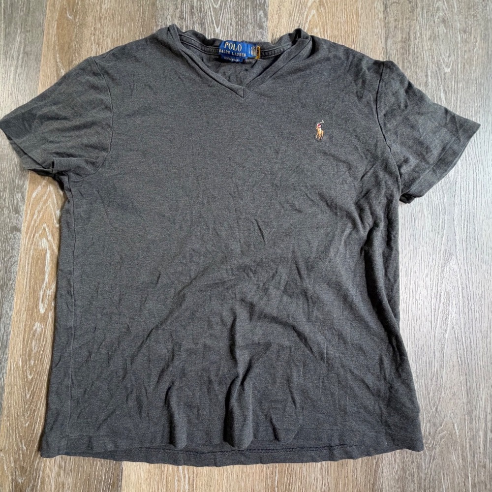 Polo Ralph Lauren V-Neck T-Shirt Mens Large Grey Custom Slim Fit Short Sleeve